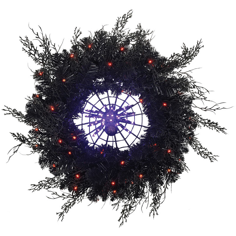 24" Celebrations Orange Purple LED Prelit Black Spider Wreath