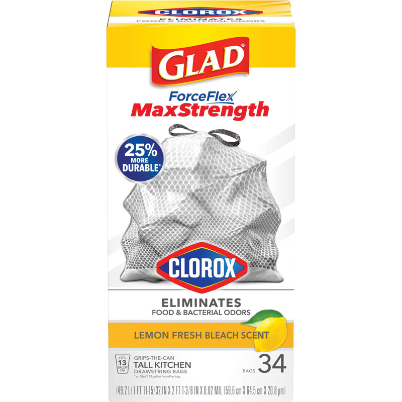 Glad® ForceFlex MaxStrength with Clorox 13 Gal. Bags Lemon Fresh Bleach Scent, 34 Ct.