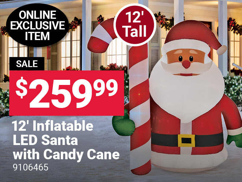 12' Inflatable LED Santa with Candy Cane
