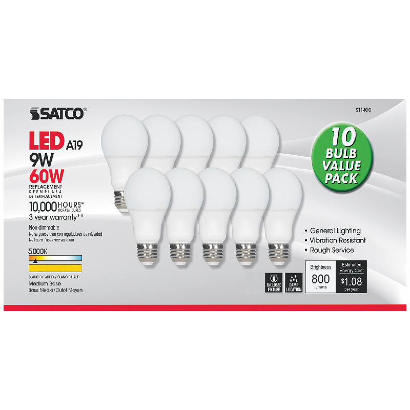 Satco® 60W LED A19 9W, 10/Pk.