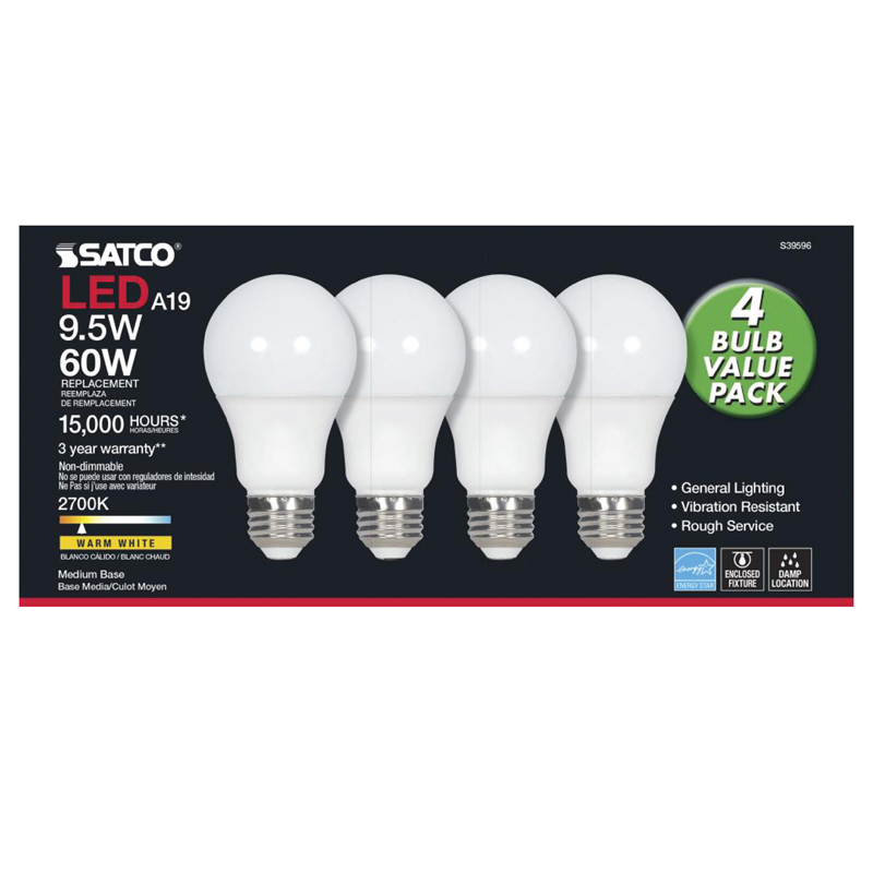 Satco® LED A19 9.5W Warm White Light Bulbs, 4/Pk.