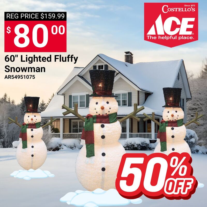 60" Lighted Fluffy Snowman